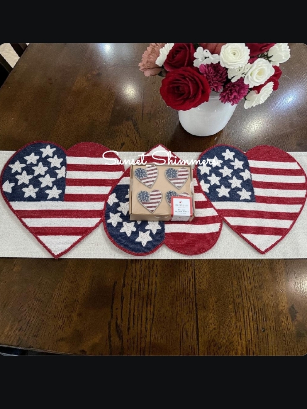 x4 July 4th Patriotic Heart Americana Beaded Napkin Rings & Table Runner Set New